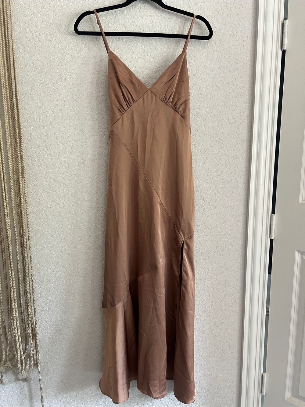 Dress Forum Satin Slip Maxi Dress in Taupe Brown